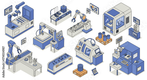 Modern factory automation with isometric machines and robotics in a manufacturing setting