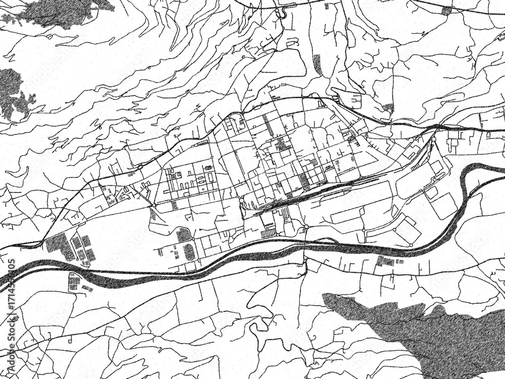 Naklejka premium Stylized decorative city map of Aosta, Italy, hand-drawn in black and white.