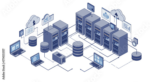 Isometric data center network with servers and cloud computing technology