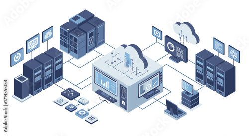 Isometric data center infrastructure with cloud computing and network connectivity