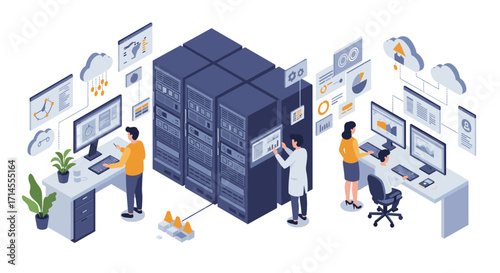 Modern isometric data center with it professionals in a high-tech office environment