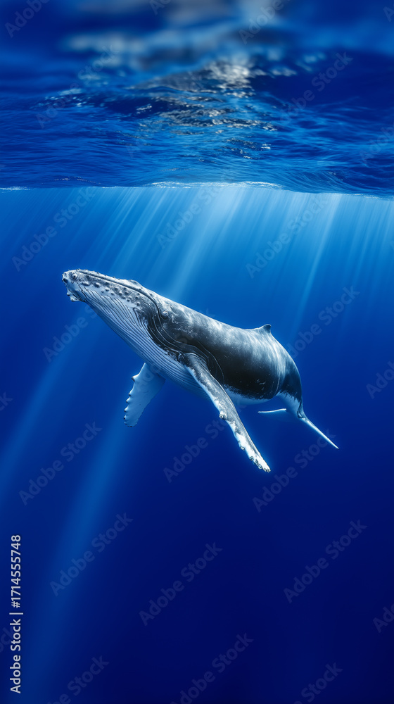 Fototapeta premium Majestic humpback whale swimming gracefully in deep blue ocean with sunlight rays. 