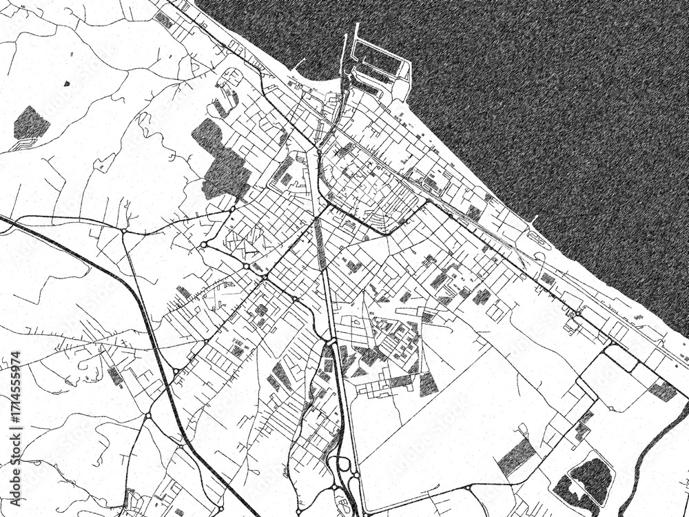 Fototapeta premium Hand-drawn black and white city map of Fano, Italy, ready for wall art or editorial projects.