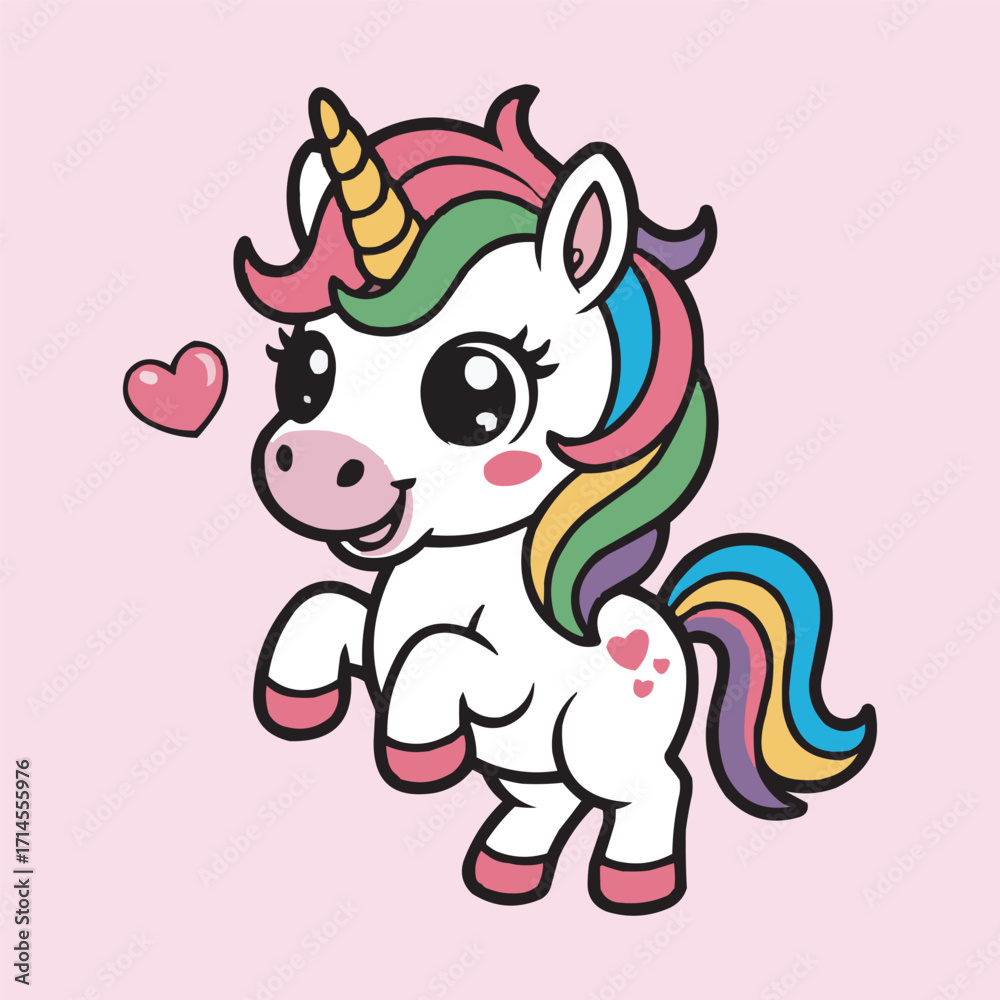 Naklejka premium Cute Rainbow Unicorn Vector Illustration with Heart