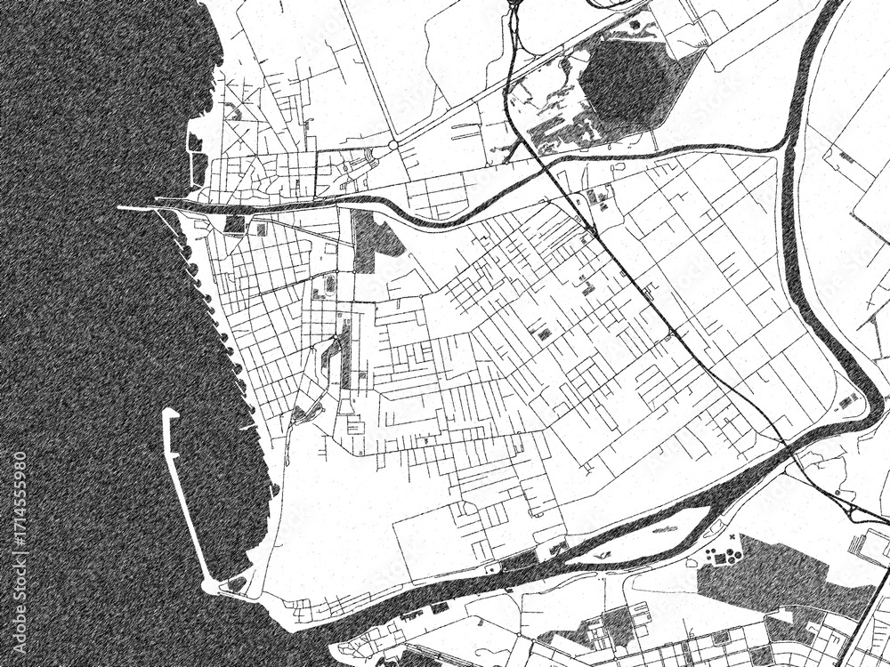 Obraz premium Decorative black and white map of Fiumicino, Italy, rendered in sketch-like style.