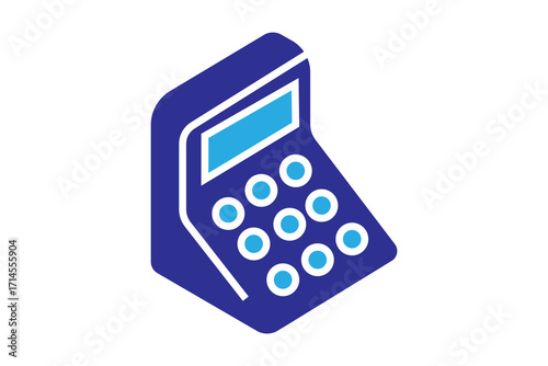 This image shows a minimalist isometric illustration of a calculator. The calculator is designed in dark blue with a light blue display screen and circular white-and-blue buttons.