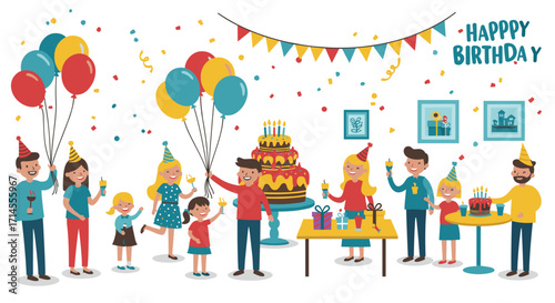 Colorful birthday celebration with family and friends: balloons, cake, and gifts