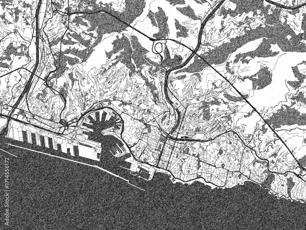 Fototapeta premium Artistic monochrome city map of Genoa, Italy, created in a hand-drawn style.