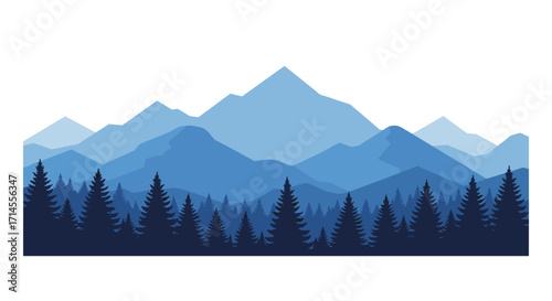 Minimal mountain landscape with blue silhouette of pine trees and peaks