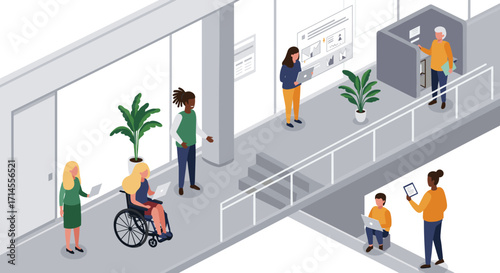 Inclusive workplace environment with diverse people collaborating in modern office setting