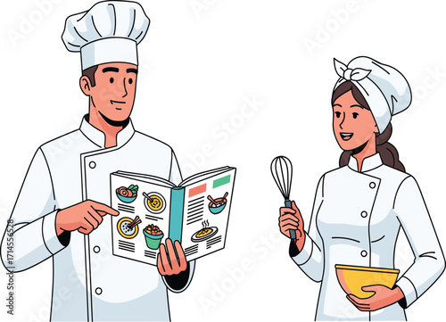Chefs, cooking, teamwork, kitchen, recipe book, culinary, food preparation, whisk, mixing bowl, professional, uniform, restaurant, baking, ingredients, discussion, collaboration, gourmet, 