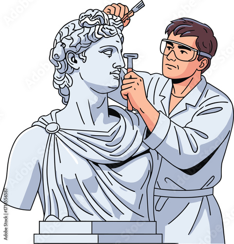 Classical sculpture, bust carving, artistic craftsmanship, stone statue, chisel and hammer, curly hair, ancient art, sculptor at work, studio, precision