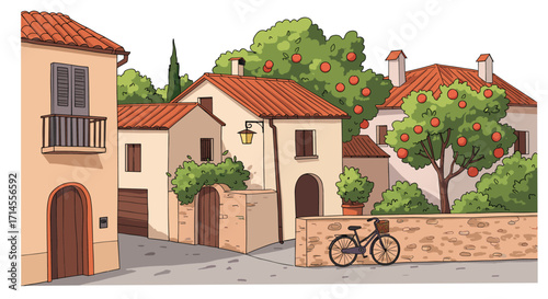 Charming mediterranean village scene with cozy houses and orange trees