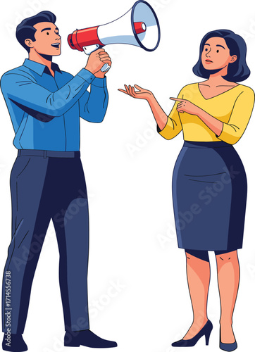 Communication, megaphone, conversation, assertiveness, disagreement, speaker, voice, expression, conflict, media, message, reaction, indoor, lifestyle, awareness, interaction, advocacy, 