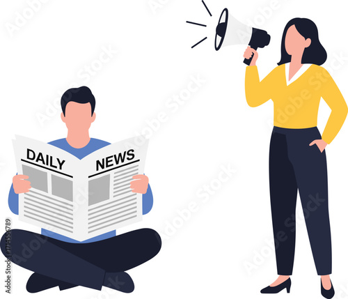 Communication, reading, newspaper, megaphone, announcement, media, speaker, listener, contrast, education, message, expression, public, private, indoor, lifestyle, awareness, learning, information, 
