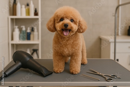 A dog grooming session at a modern pet salon with a happy Miltipoo or Toy Poodle on the table enjoying the groomer's attention. Animal care