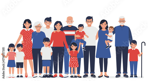 Multigenerational family portrait in flat style with happy faces and d