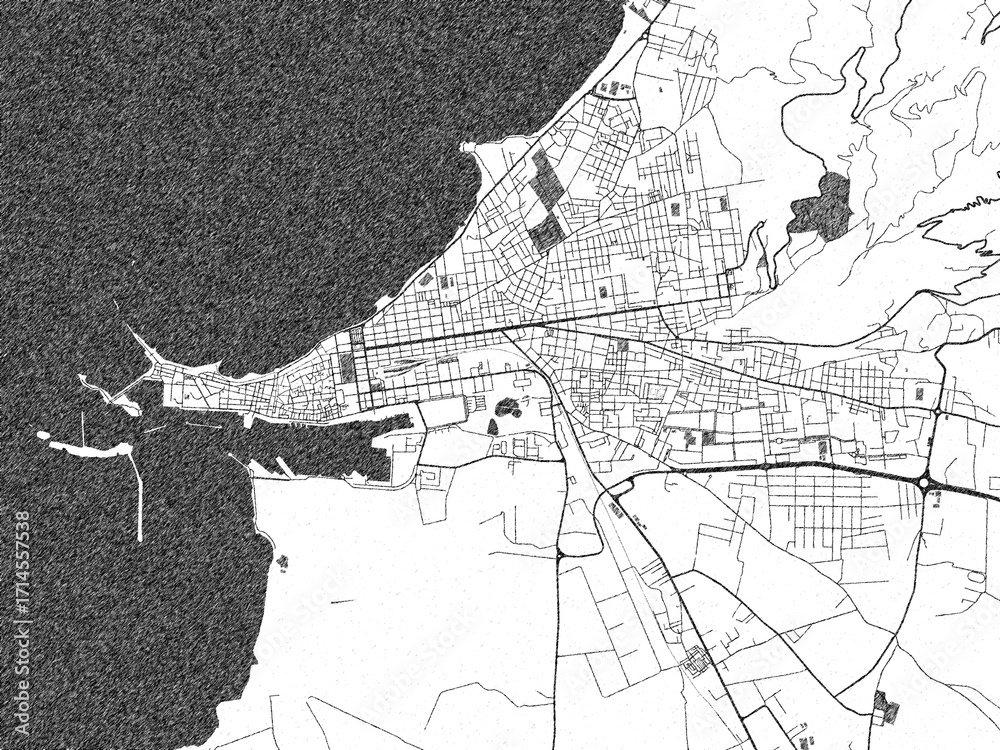 Fototapeta premium Decorative black and white map of Trapani, Italy, rendered in sketch-like style.