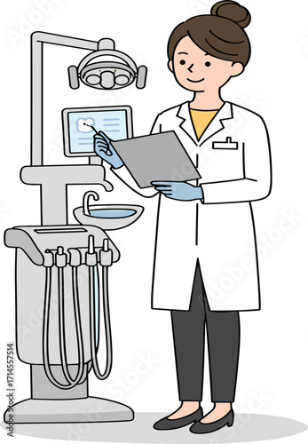 Dental professional, clinical setting, dentist illustration, dental equipment, clipboard, oral care, healthcare worker, dental chair, medical tools, monitor, hygiene, treatment, 