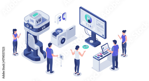 Futuristic technology team using virtual reality and data analysis in isometric office setting