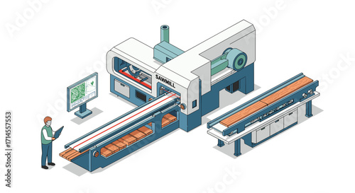 Modern sawmill machinery in action with worker monitoring operations