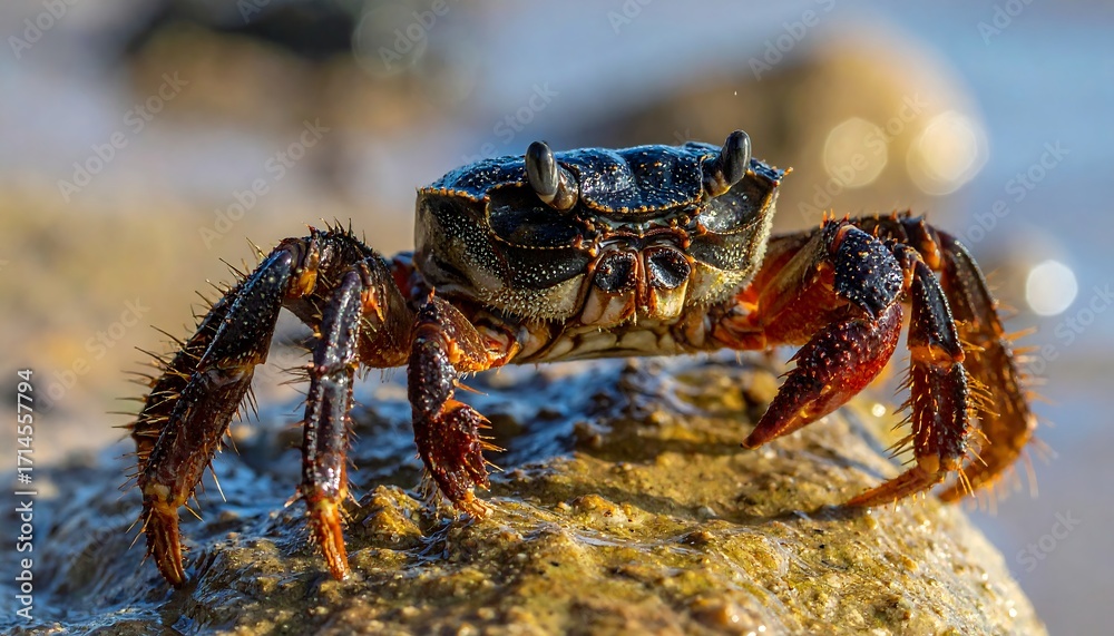 Fototapeta premium Close-up image of a crab on a coastal rock with details of its shell, claws, and surroundings. The scene is illuminated by sunlight
