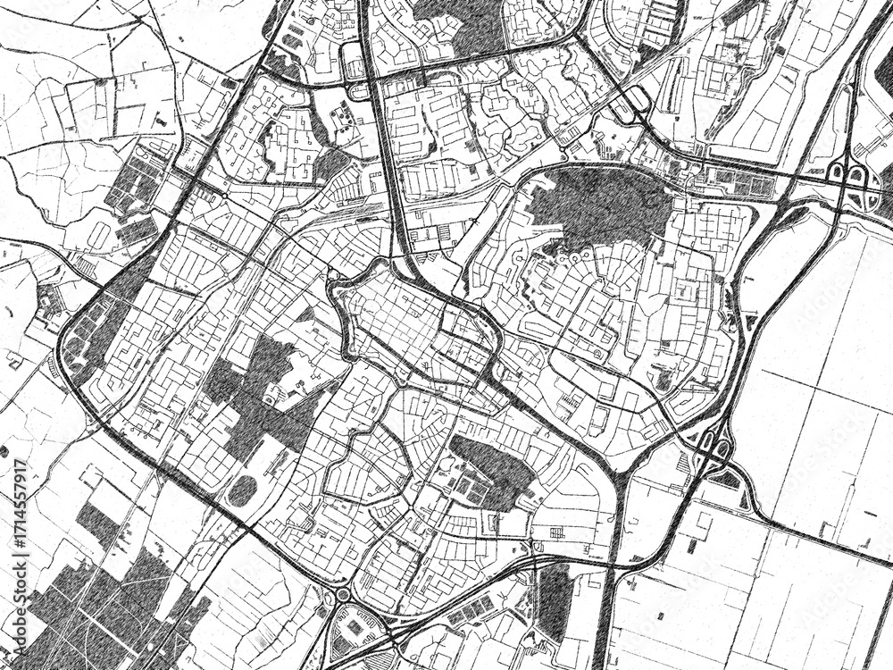 Naklejka premium Poster-ready monochrome city map of Alkmaar, Netherlands, with detailed streets and rivers.