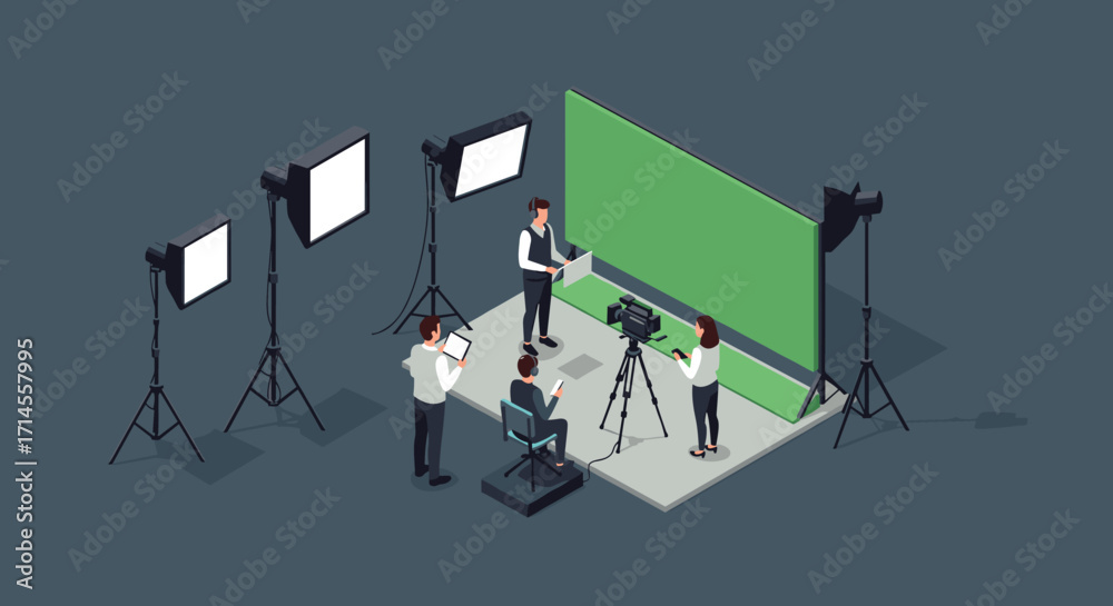 Fototapeta premium Isometric movie studio set with crew working on green screen video production