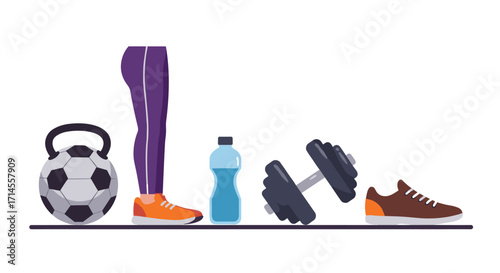 Fitness essentials: sports gear, dumbbells, and hydration for a healthy lifestyle