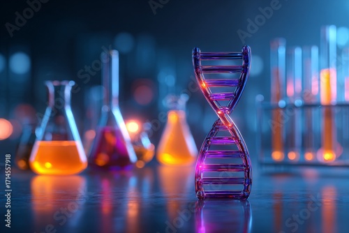 Glowing DNA Helix and Beakers A Vibrant Exploration of Modern Scientific Research