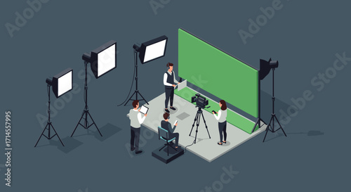 Isometric movie studio set with crew working on green screen video production