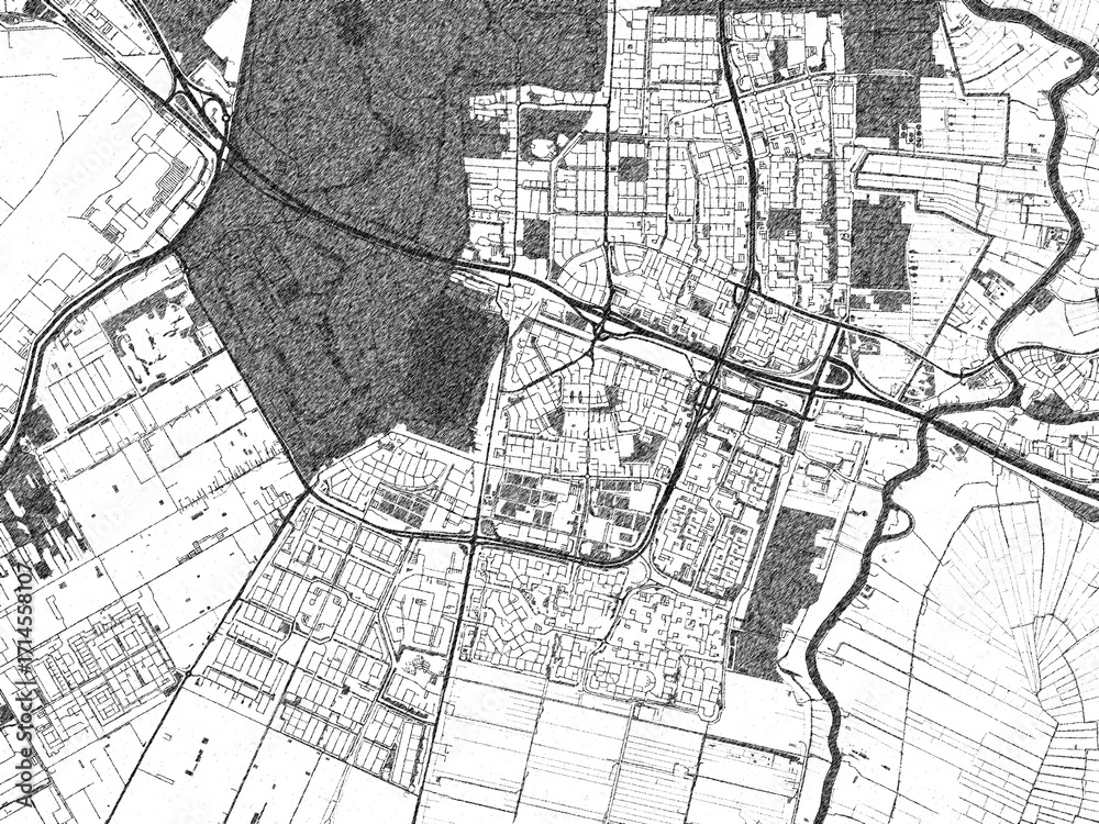 Obraz premium Decorative black and white map of Amstelveen, Netherlands, rendered in sketch-like style.