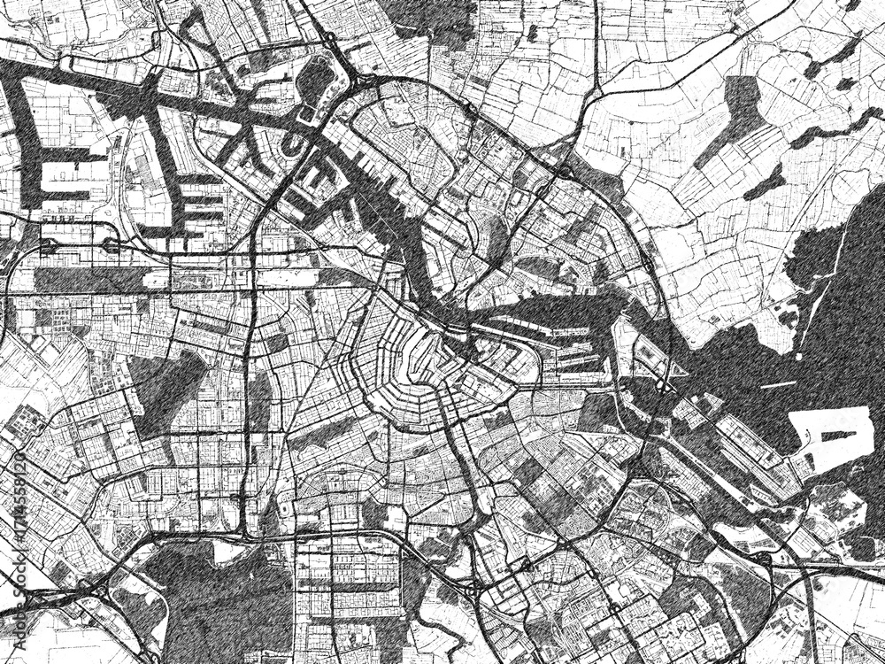 Naklejka premium Illustrated map of Amsterdam, Netherlands, in black and white hand-drawn digital style.