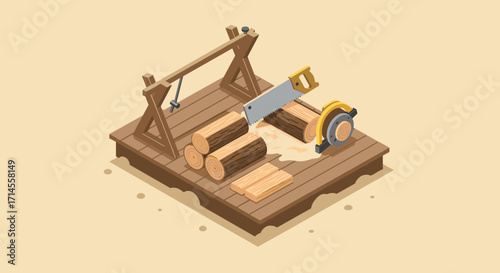 Isometric woodworking tools with logs and sawing table scene
