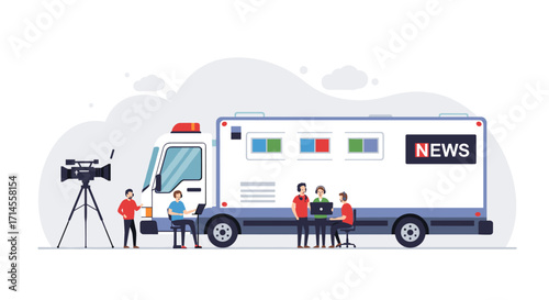 Modern mobile news studio with crew and broadcast equipment in flat design