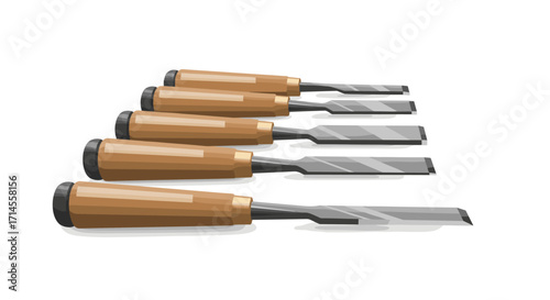 Set of wood carving chisels with wooden handles and steel blades in realistic style