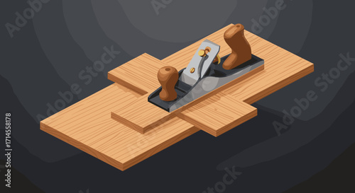 Isometric woodworking planer on wooden surface with dark background