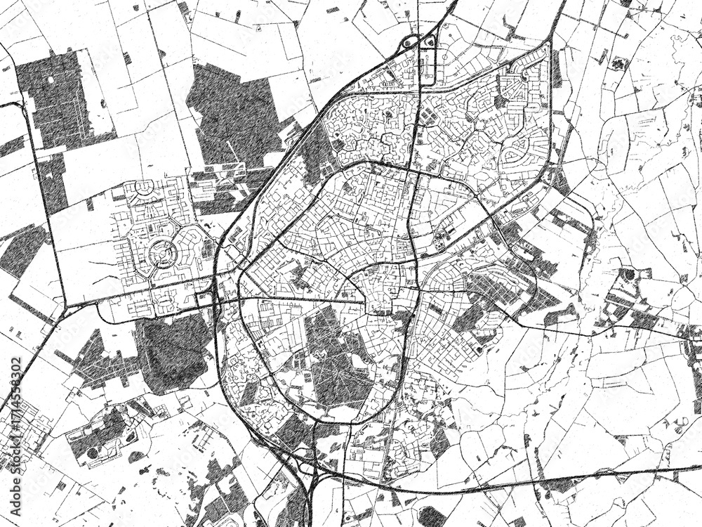 Fototapeta premium Poster-ready black and white illustration map of Assen, Netherlands, detailed and artistic.