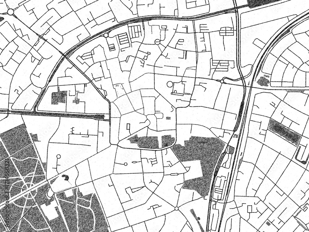 Naklejka premium Black and white illustrated map of Assen Centrum, Netherlands, with streets, rivers, and neighborhoods.