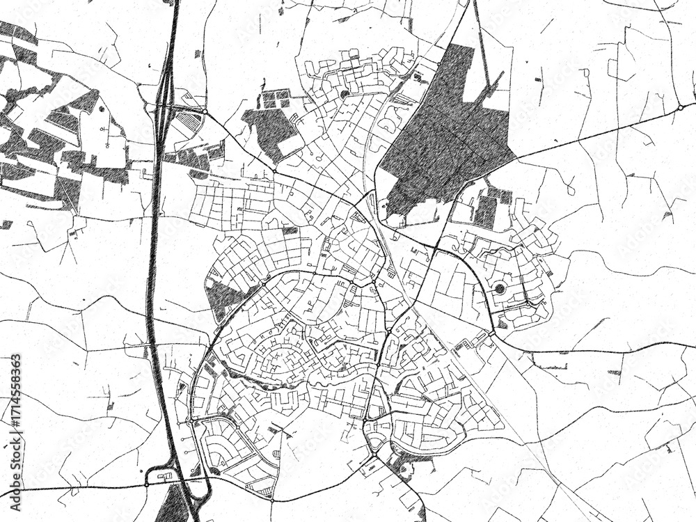 Fototapeta premium Illustrated map of Barneveld, Netherlands, in black and white hand-drawn digital style.