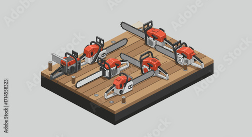 Isometric chainsaw collection on wooden display