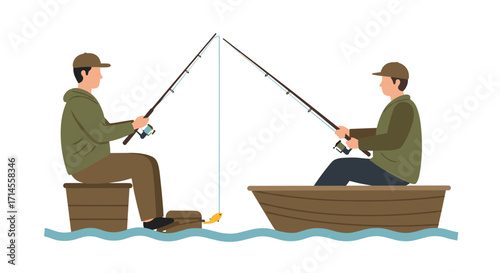 Men fishing on a boat in calm waters: outdoor recreation and relaxation scene
