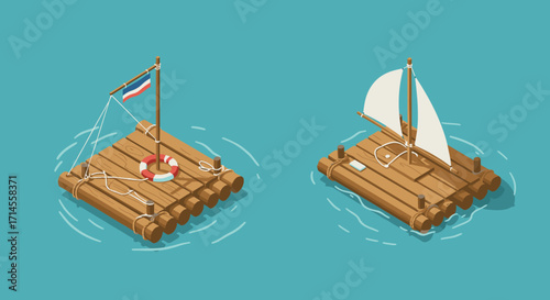 Isometric wooden rafts on blue water with flags and sails: nautical adventure concept