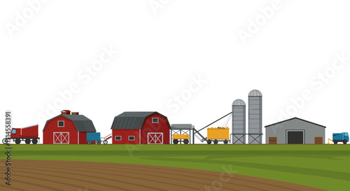 Modern farm landscape with red barns, silos, and trucks