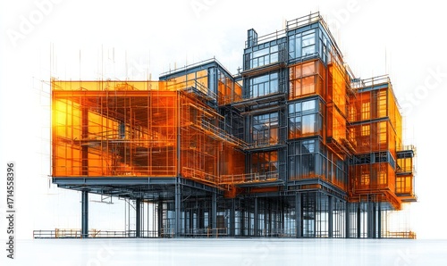 Modern architectural design, with orange and gray structure and glass panels
