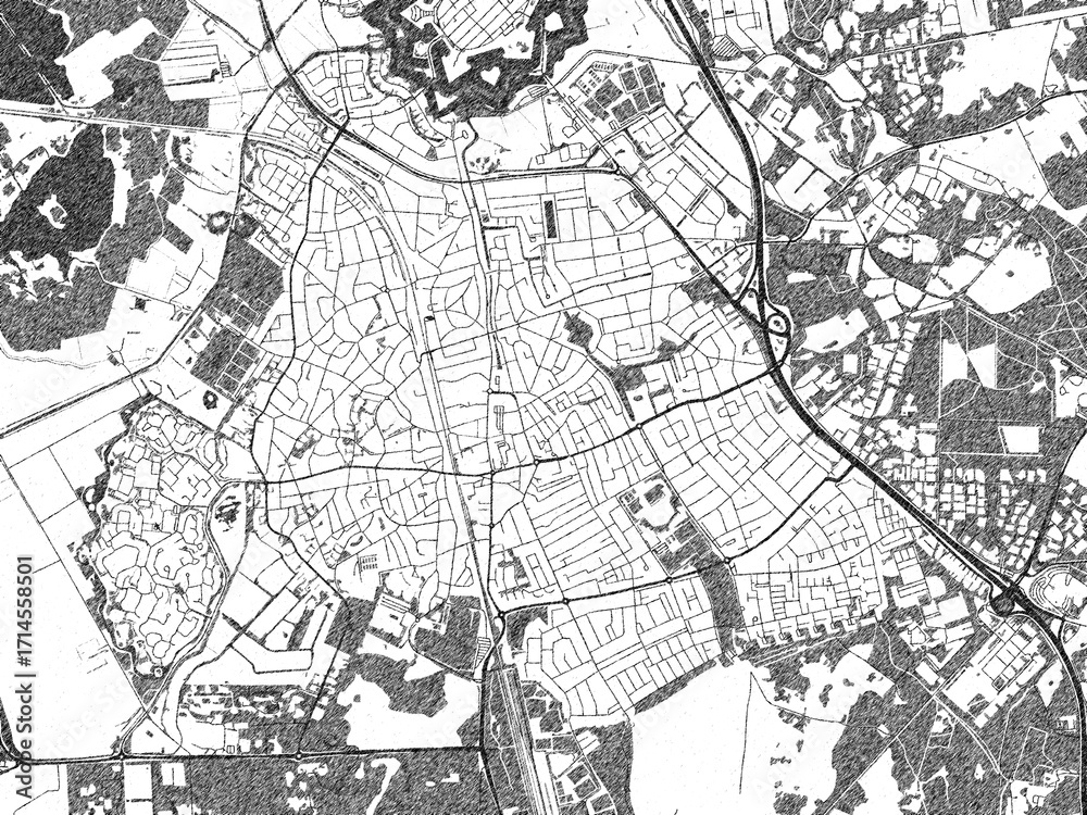 Fototapeta premium Detailed artistic sketch map of Bussum, Netherlands, in monochrome black and white.