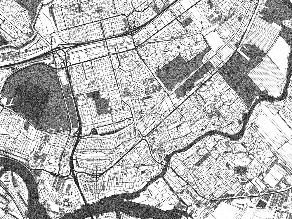 Fototapeta premium Poster-ready monochrome city map of Capelle aan den IJssel, Netherlands, with detailed streets and rivers.