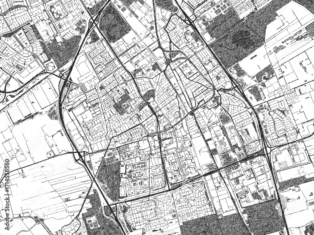 Obraz premium Artistic monochrome city map of Delft, Netherlands, created in a hand-drawn style.