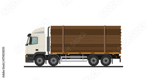 Flat design heavy cargo truck with wood logs on white background