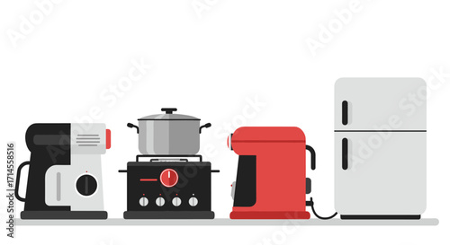 Modern kitchen appliances: coffee makers, stove, and fridge in minimalist style